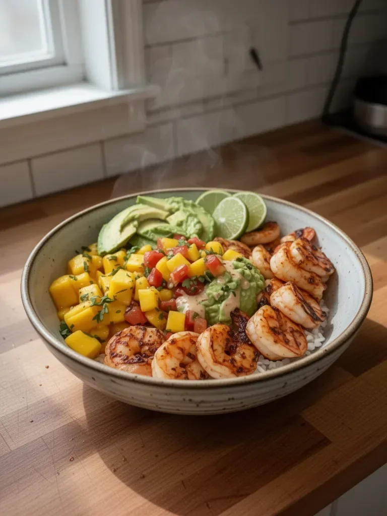 Shrimp and Avocado Bowls with Mango Salsa & Lime-Chili Sauce