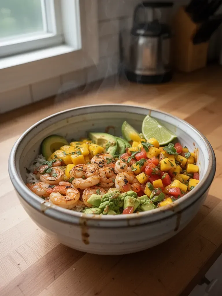 Shrimp and Avocado Bowls with Mango Salsa & Lime-Chili Sauce