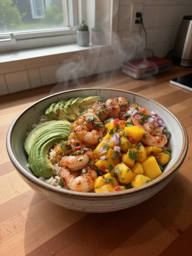 Shrimp and Avocado Bowls with Mango Salsa & Lime-Chili Sauce