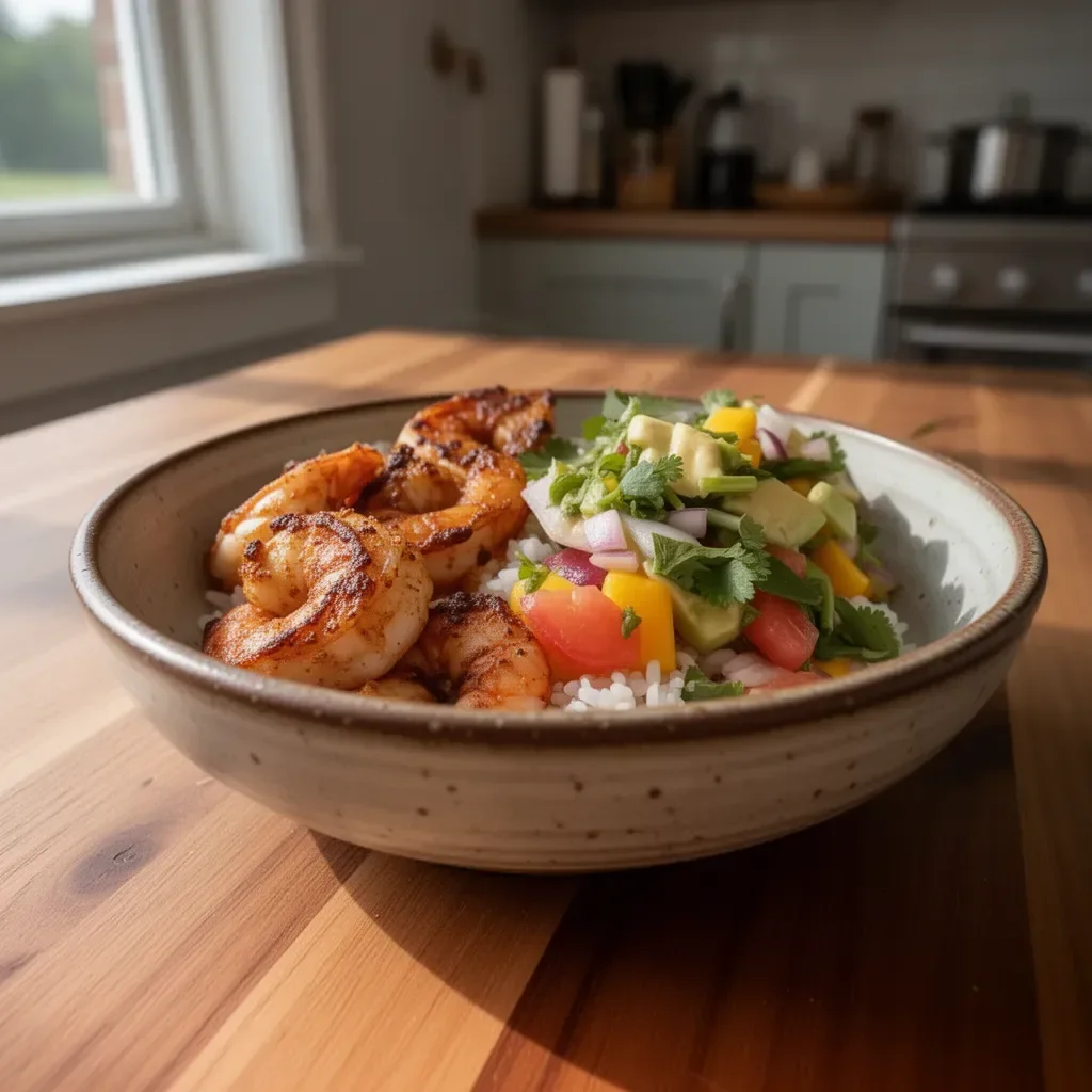 Delicious shrimp mango salsa served in a bowl with fresh ingredients