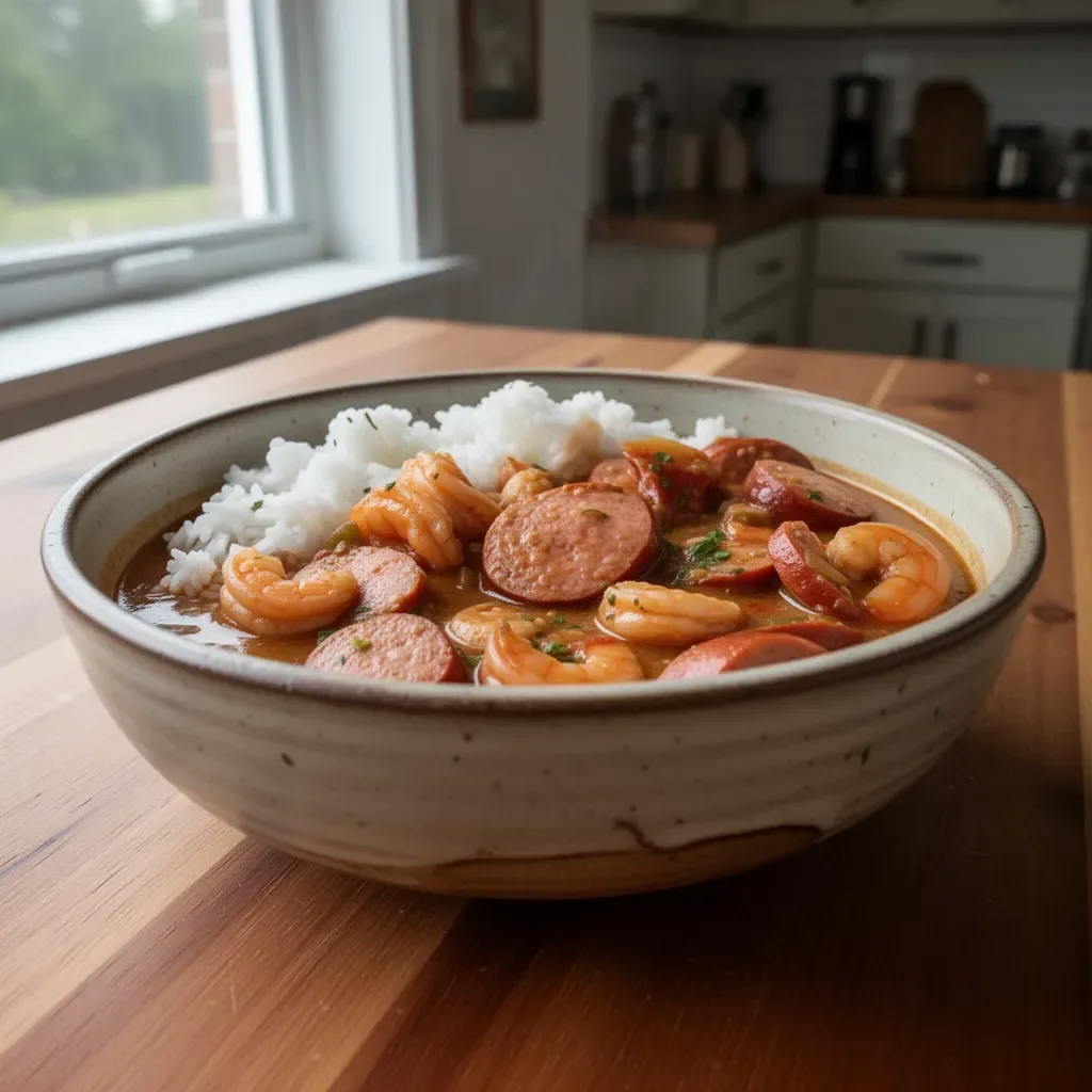 A hearty bowl of Shrimp and Sausage Gumbo with spices and fresh ingredients