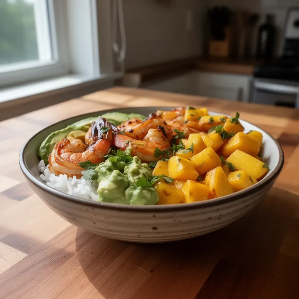 Shrimp avocado mango bowls with colorful ingredients in a serving dish.