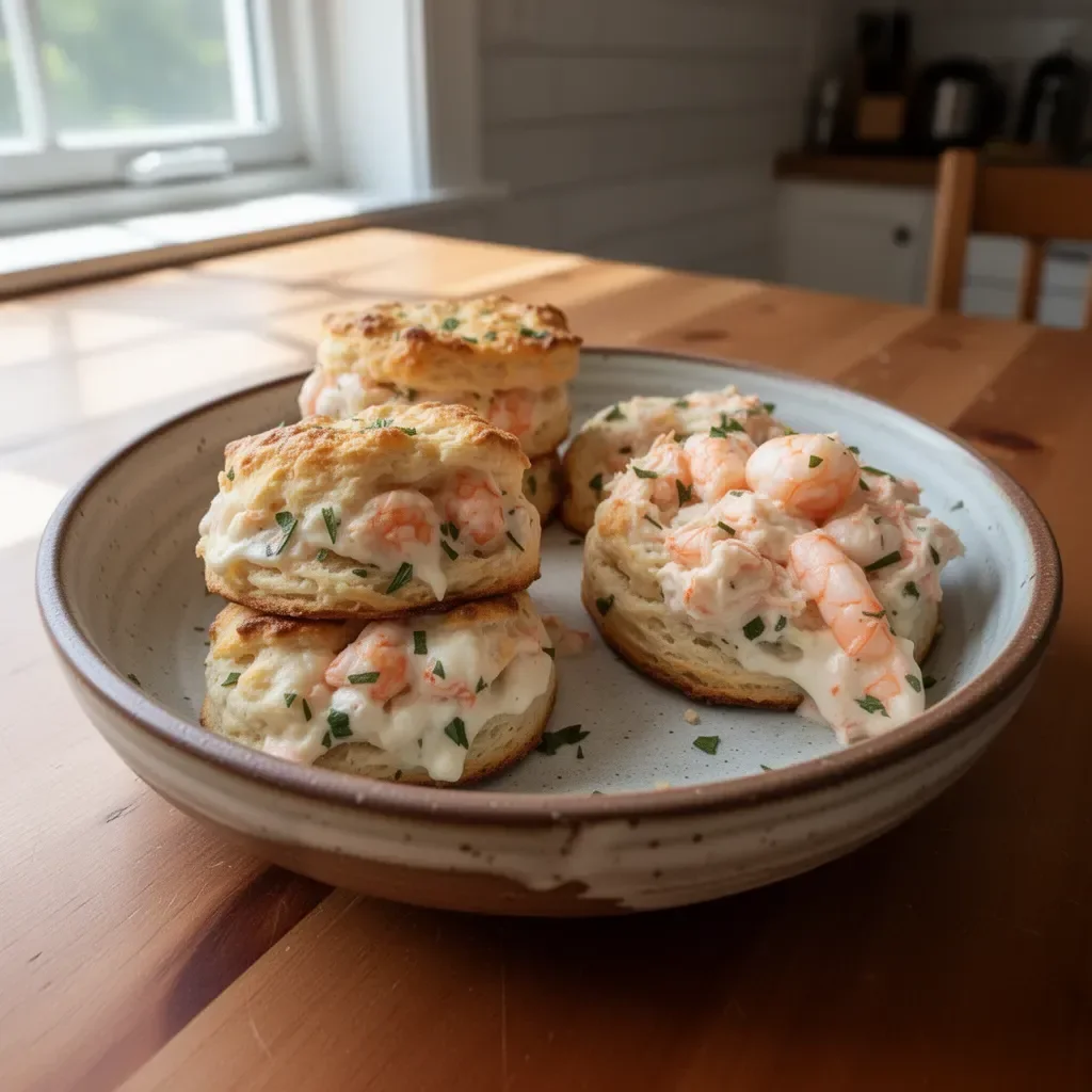 Shrimp crab biscuit melts served on a plate, garnished with herbs.