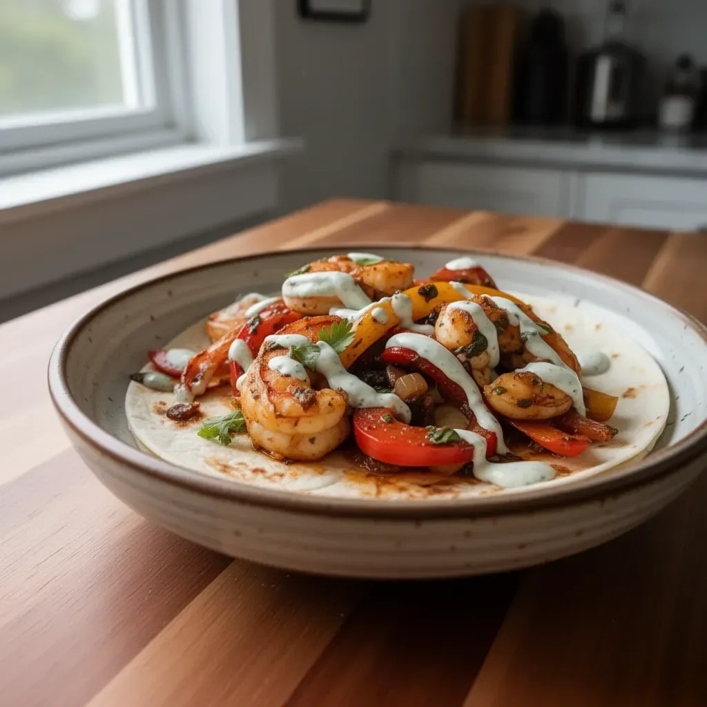 Colorful shrimp fajitas with peppers and spices on a plate