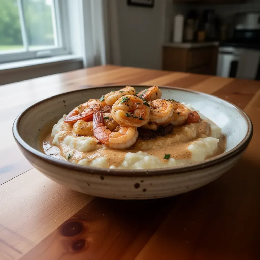 Plate of shrimp and grits with Cajun cream sauce garnished with herbs.