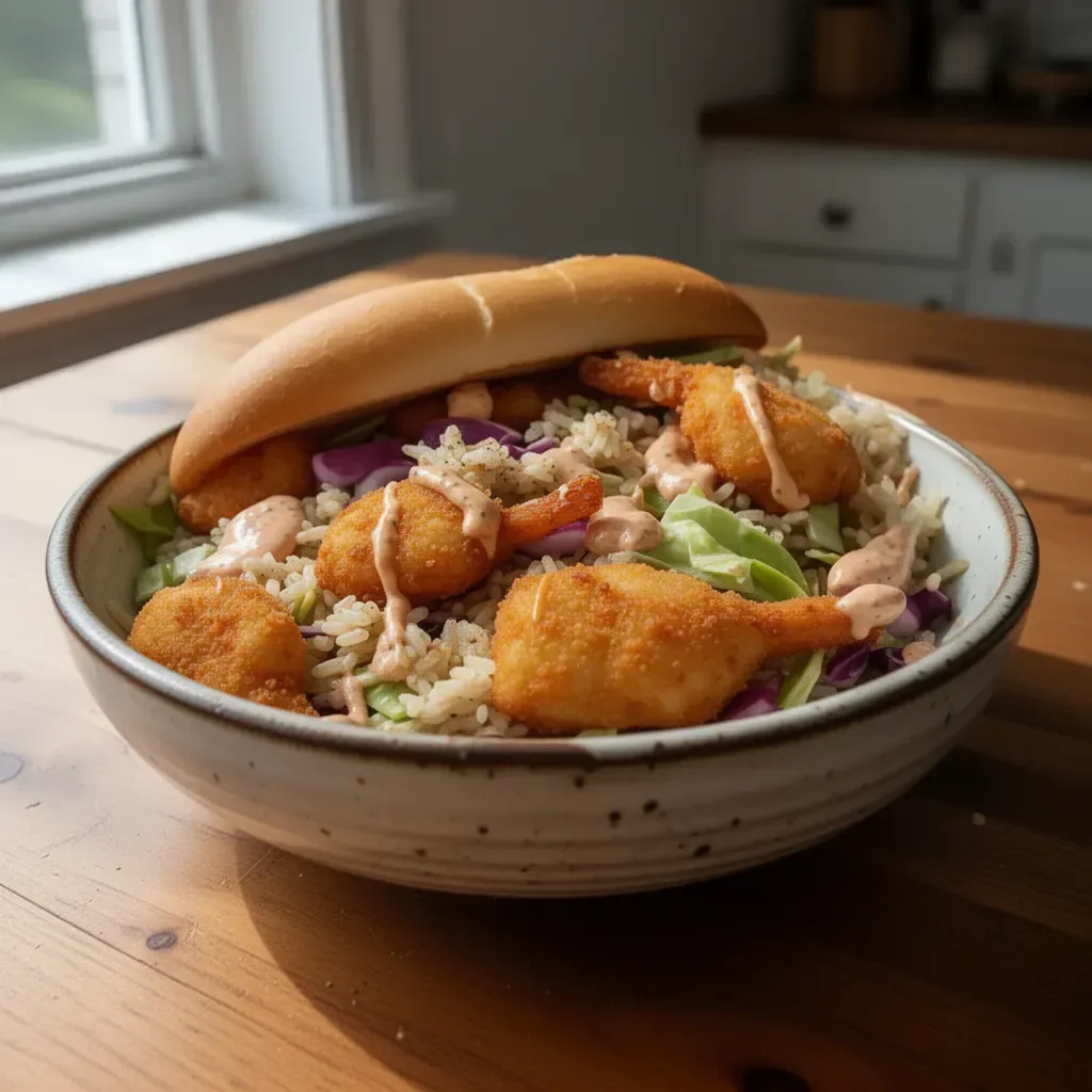 Shrimp Po Boy inspired rice bowl with crunchy shrimp and fresh ingredients