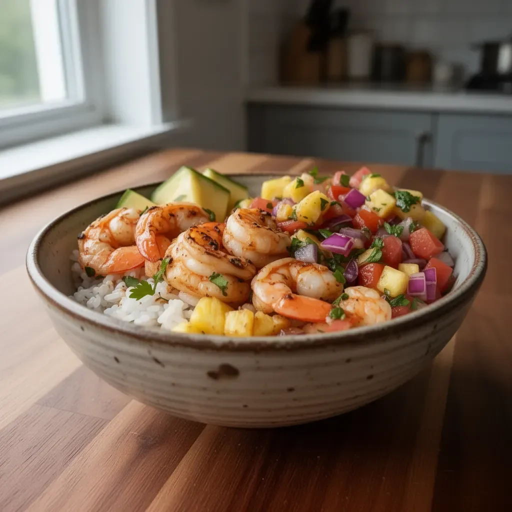 Shrimp rice bowl with pineapple salsa on a wooden table
