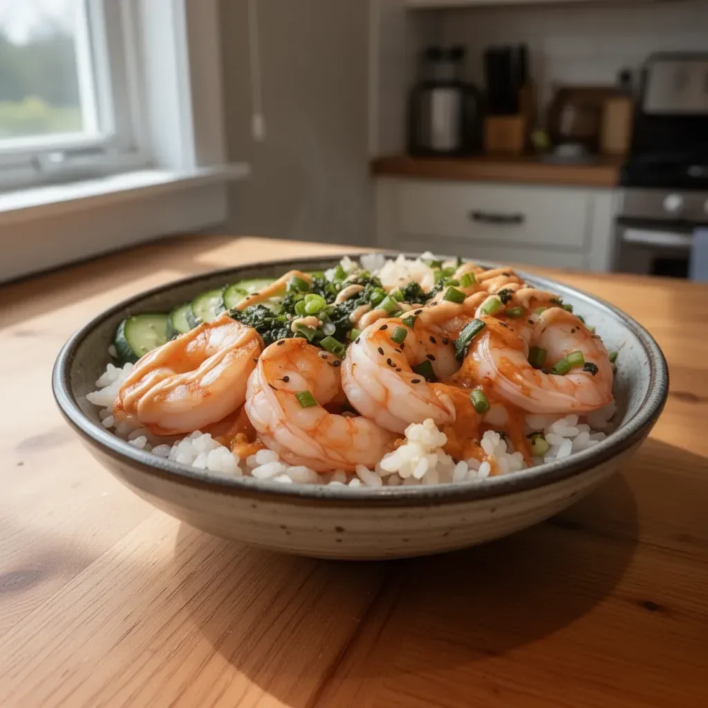 Colorful shrimp rice bowls with fresh vegetables and herbs