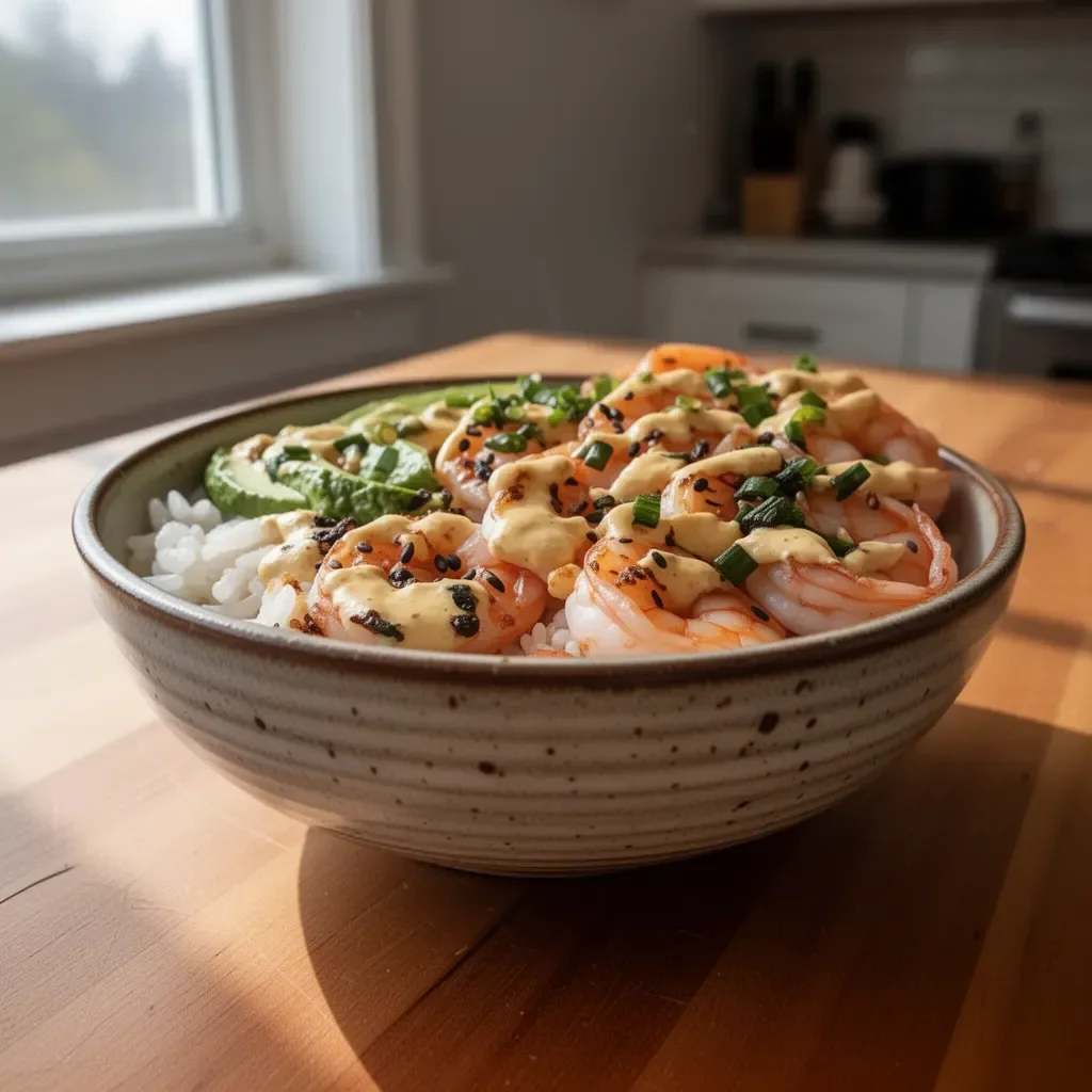 A vibrant shrimp rice bowl garnished with fresh vegetables and herbs