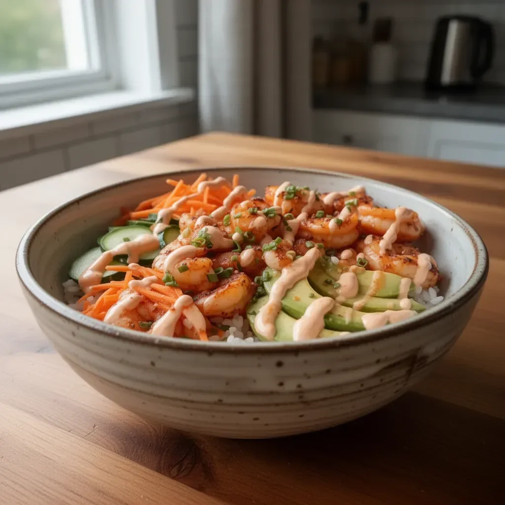 Shrimp rice bowl with spicy mayo and colorful vegetables