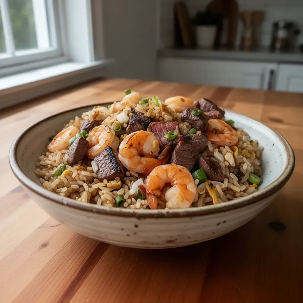 Delicious Shrimp Steak Fried Rice garnished with vegetables