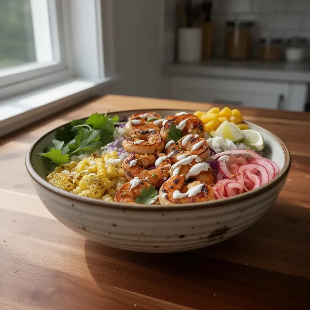 Delicious shrimp taco bowl topped with fresh vegetables and sauces.