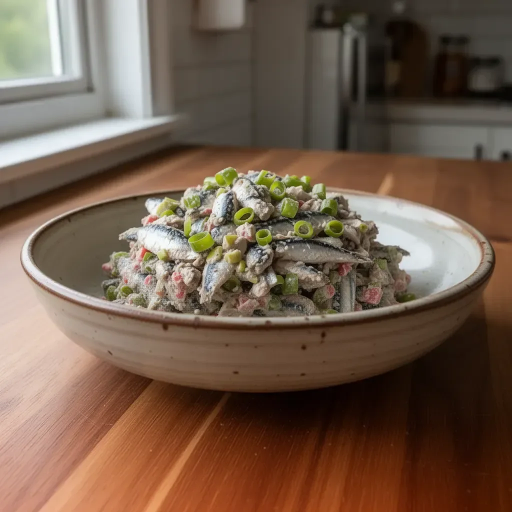 Simple sardine salad with fresh vegetables and a tangy dressing