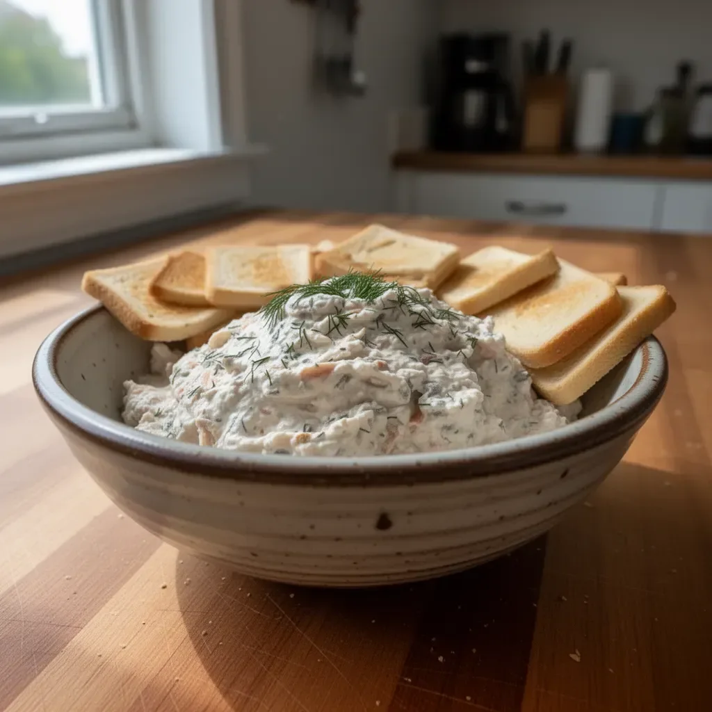 Delicious smoked fish dip served with crackers and vegetables