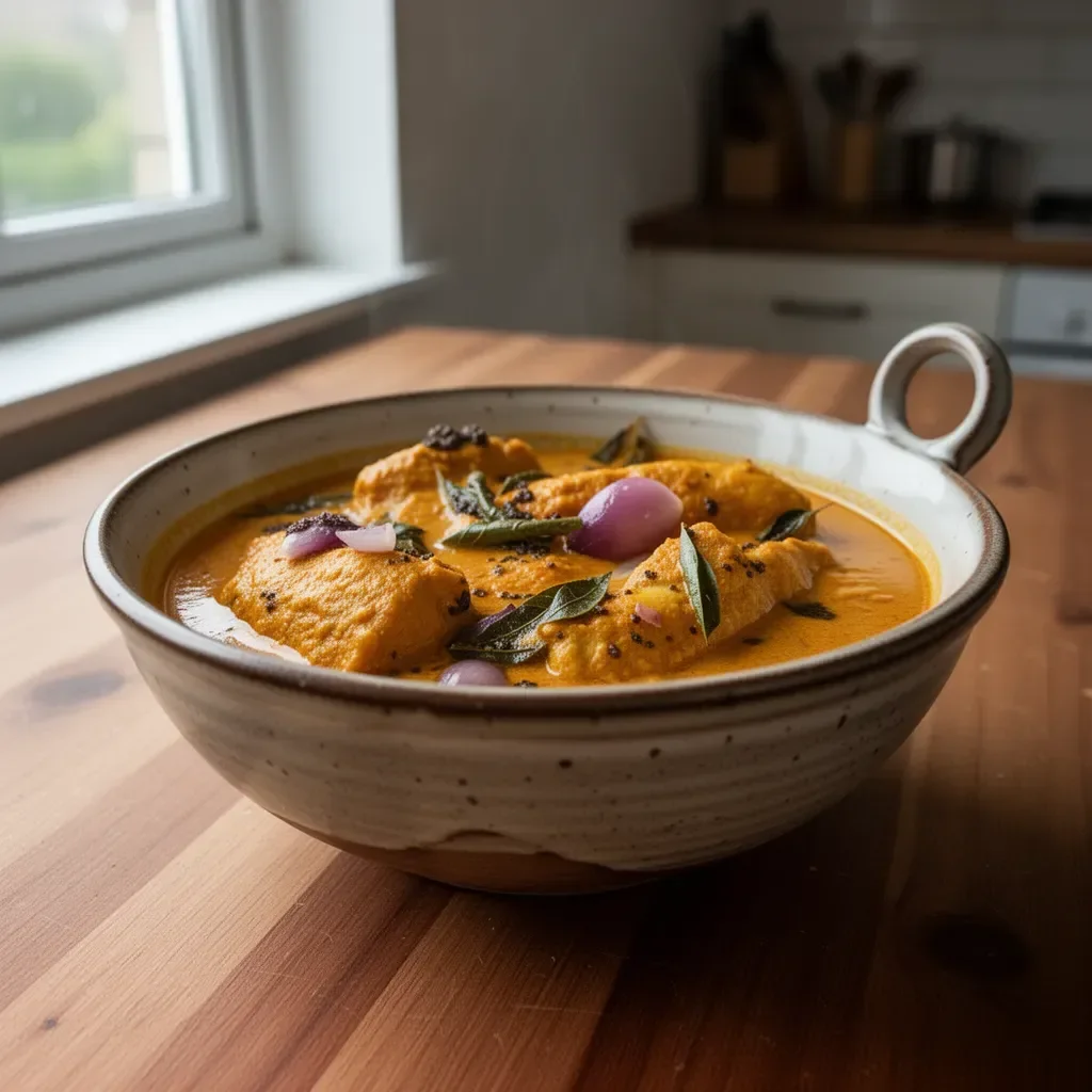 Delicious South Indian Fish Curry with spices and fresh fish in a bowl