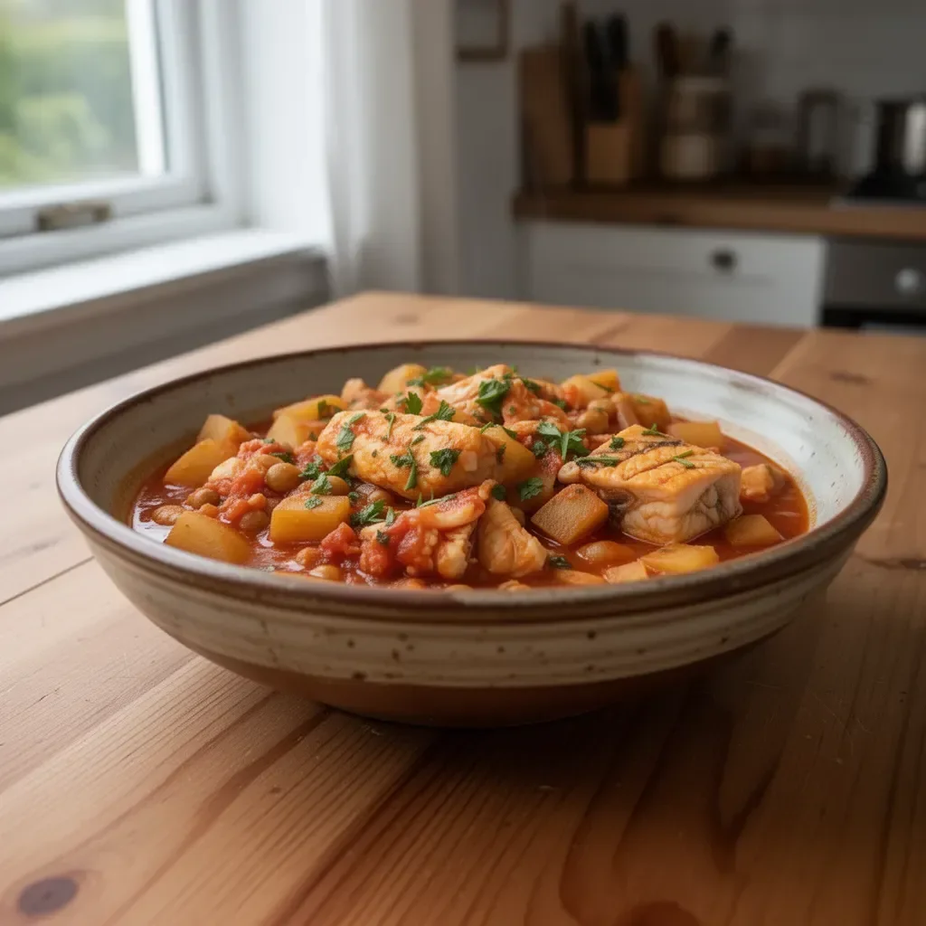 A bowl of Spanish fish stew filled with seafood and spices