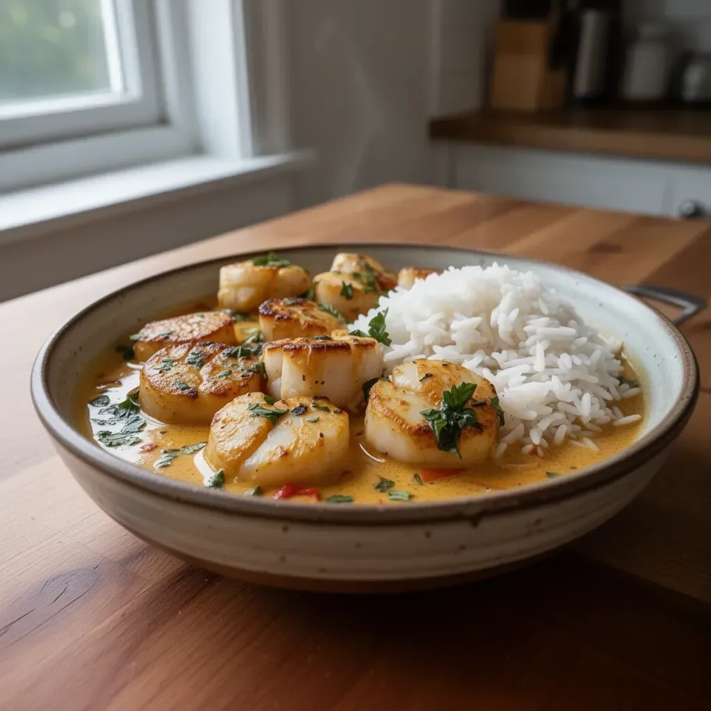 Plate of spicy coconut curry scallops garnished with herbs and served with rice.