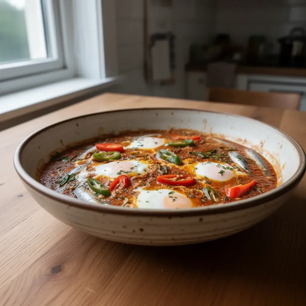 Spicy sardine dish served with eggs on a plate