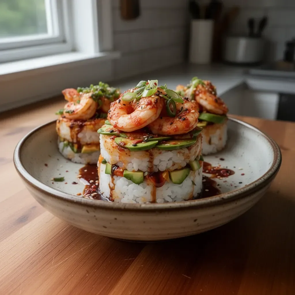 Spicy shrimp sushi stacks beautifully arranged on a plate