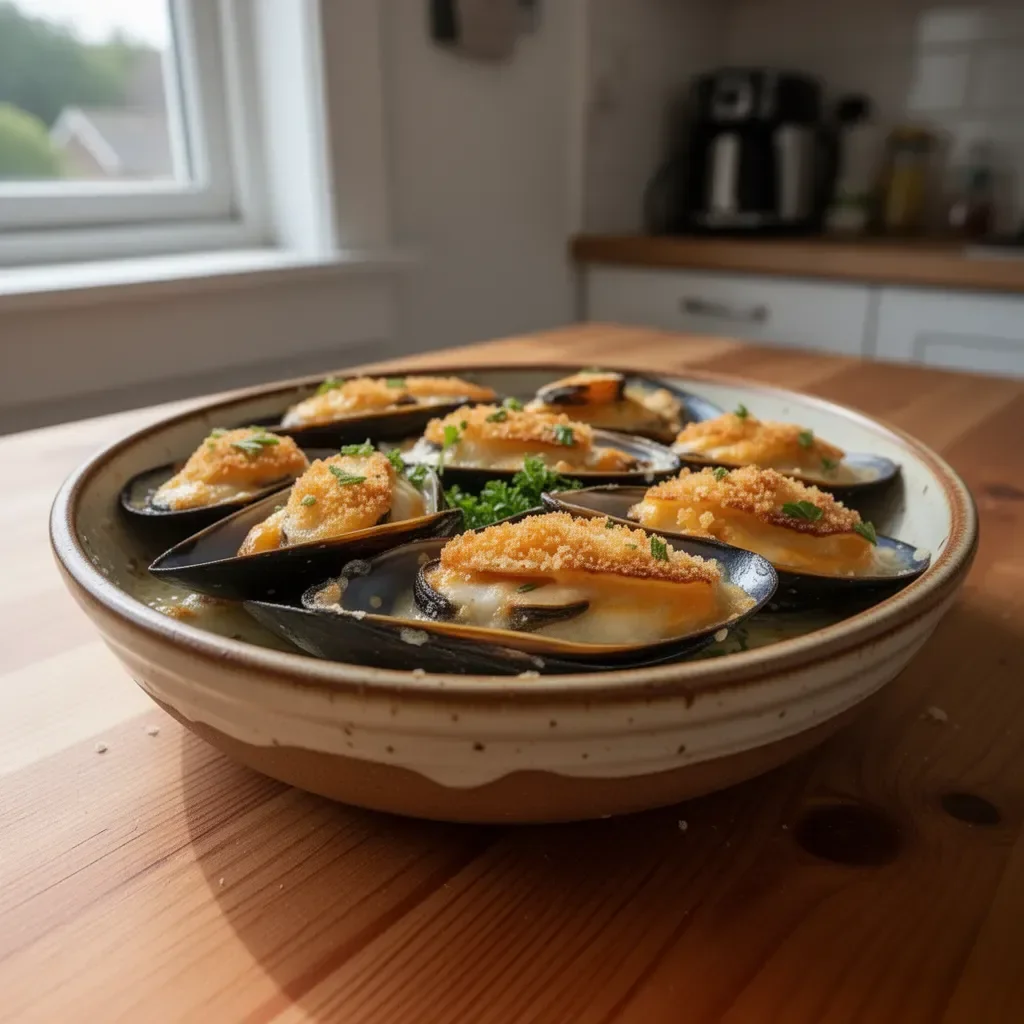 Delicious stuffed baked mussels topped with breadcrumbs and herbs