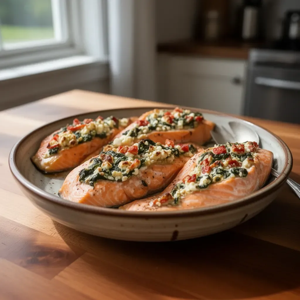 Stuffed salmon with spinach and feta on a plate garnished with lemon