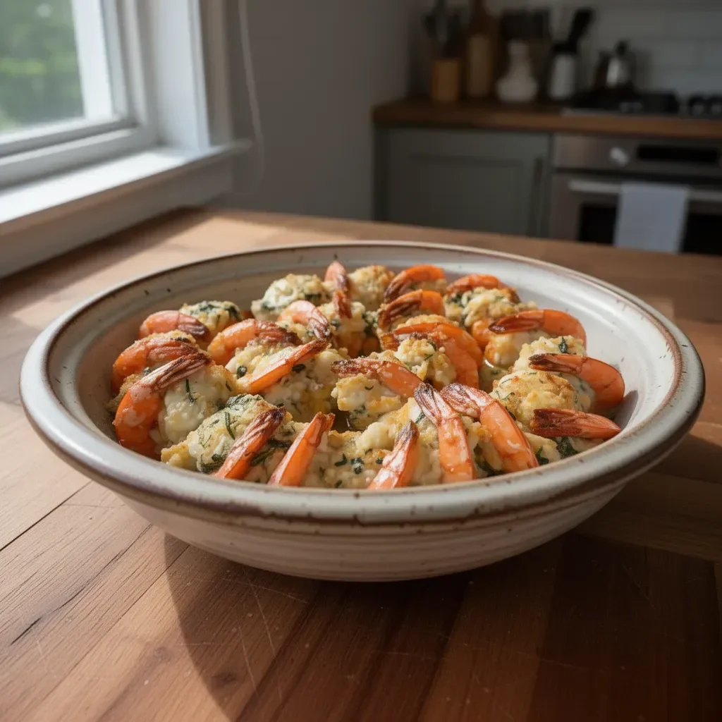 A plate of delicious stuffed shrimp garnished with herbs and lemon.