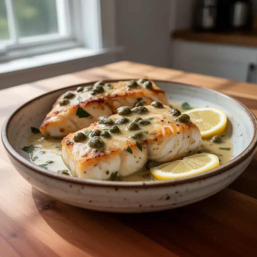 Delicious halibut fillet with lemon caper sauce on a white plate