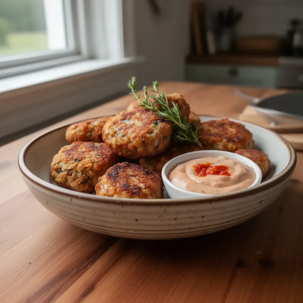 Plate of tasty sardine fish cakes served with a side of dipping sauce