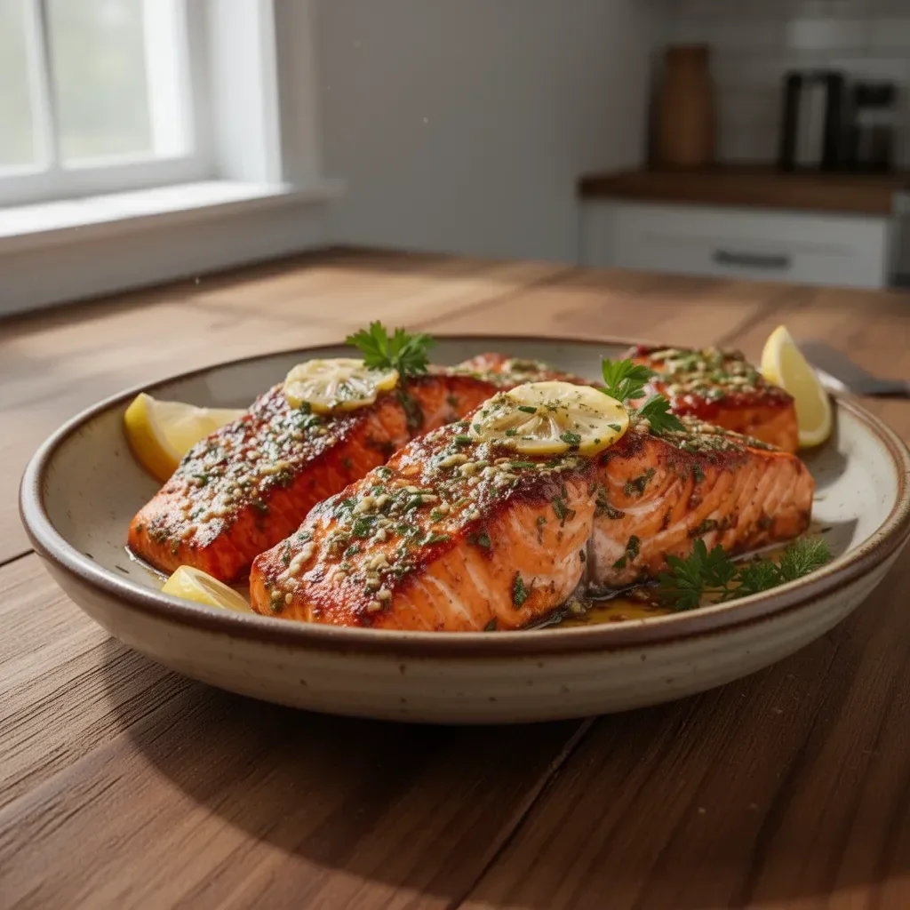 Texas Roadhouse Style Baked Salmon served on a plate with herbs and lemon.