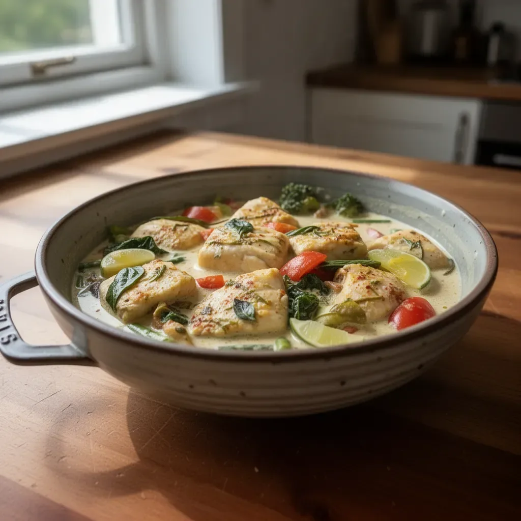 Delicious Thai fish curry served in a bowl with coconut milk and fresh herbs