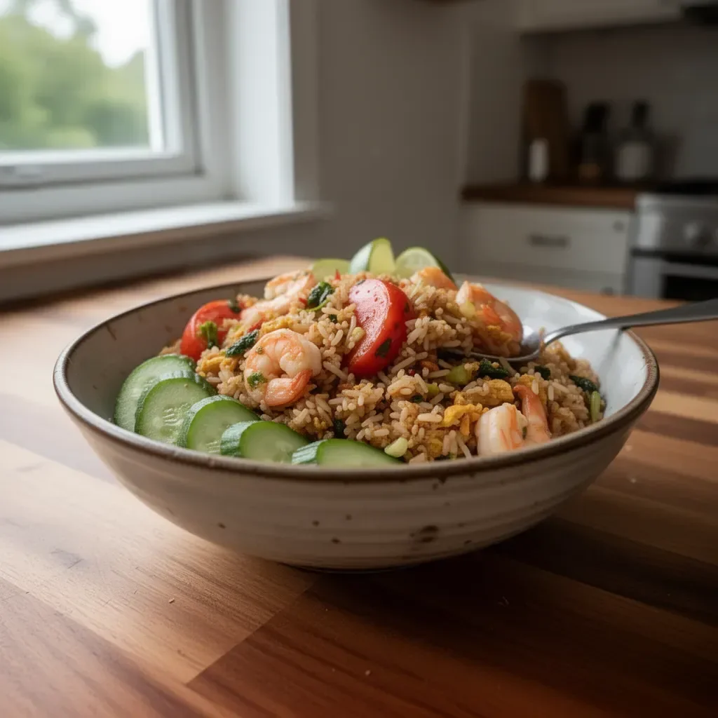 Plate of delicious Thai Fried Rice garnished with fresh vegetables and herbs