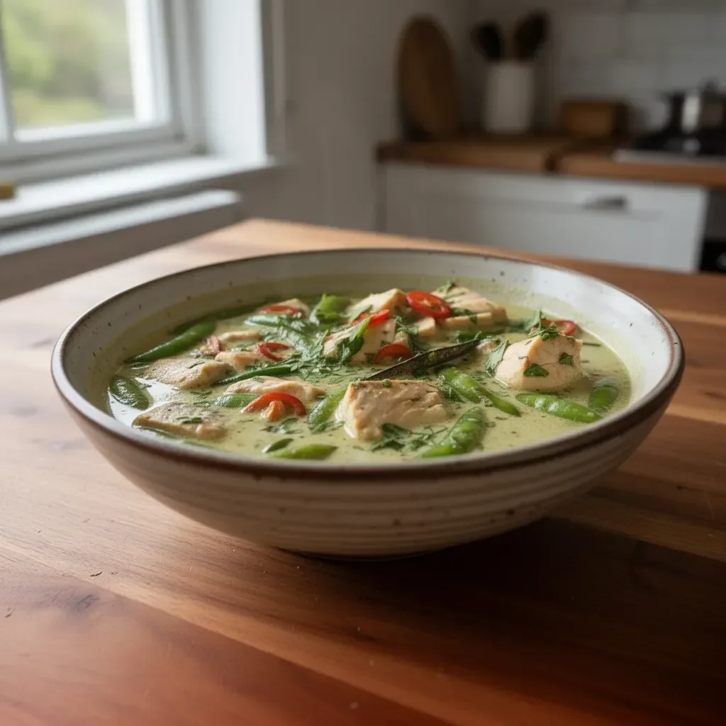 A bowl of Thai green curry fish garnished with fresh herbs and chili.