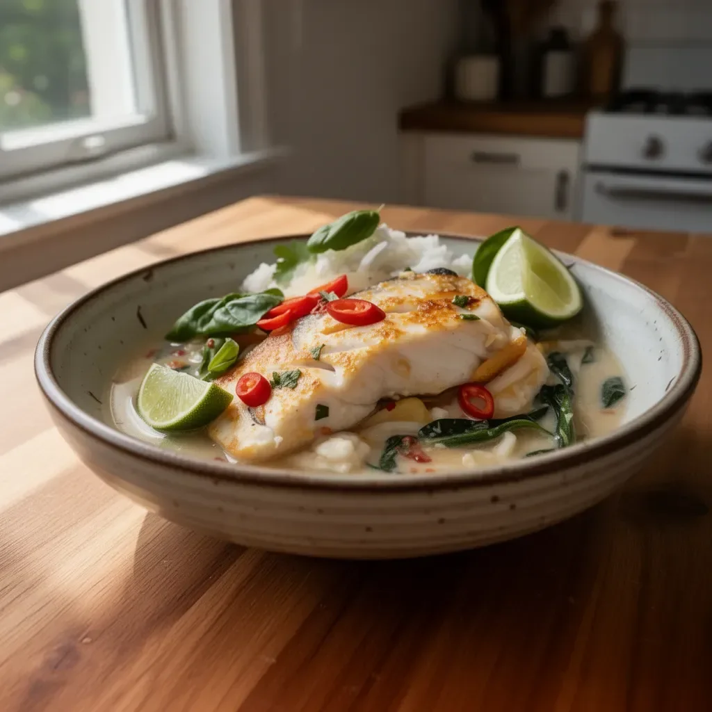 Thai coconut poached fish garnished with herbs and served with lime.