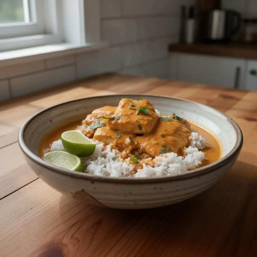 Delicious Thai Tilapia Curry served in a bowl with fresh herbs and spices.