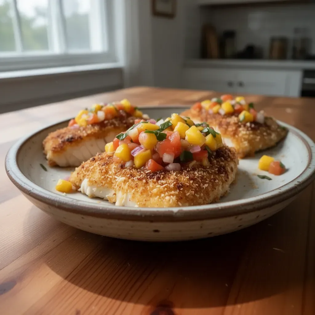 Delicious coconut crusted fish served with mango salsa on a plate