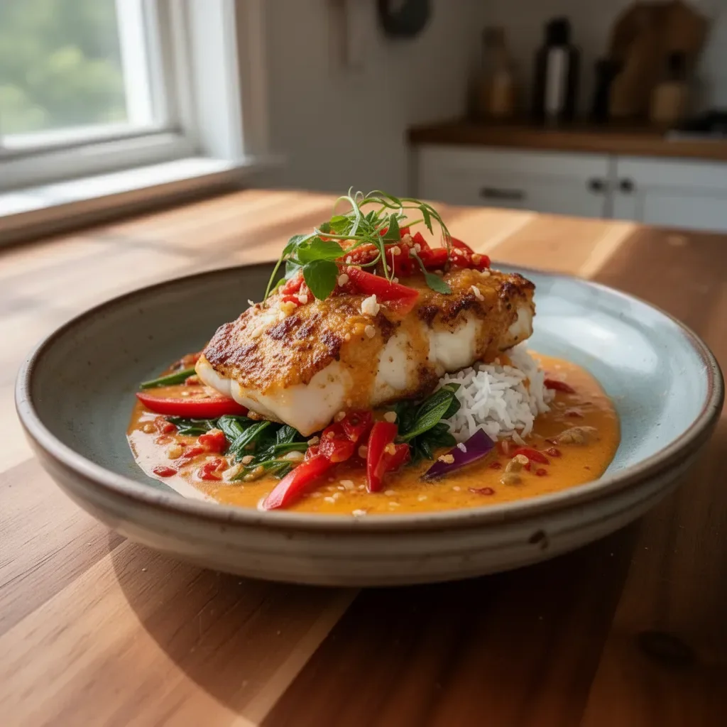 Plate of Tropical Grouper with Spicy Coconut sauce garnished with herbs