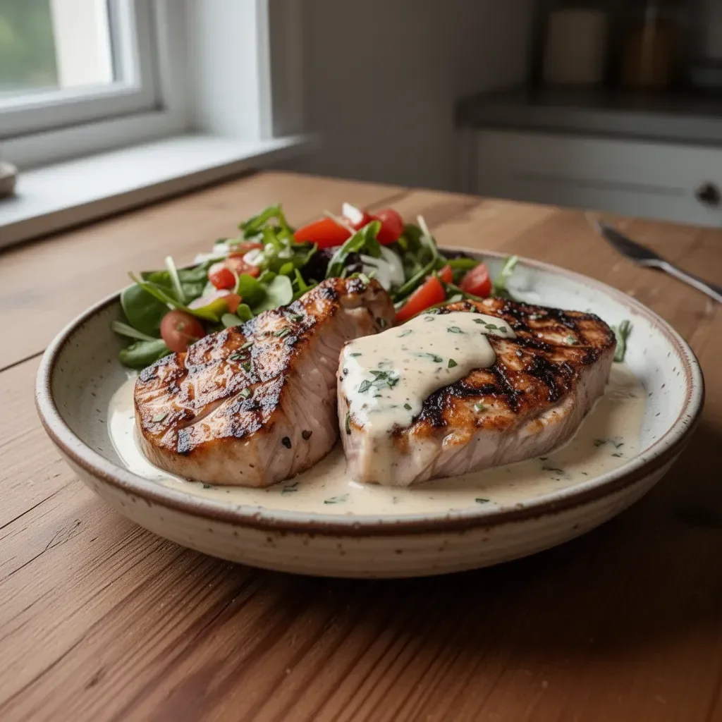 Tuna steaks topped with creamy garlic sauce and served with a fresh salad