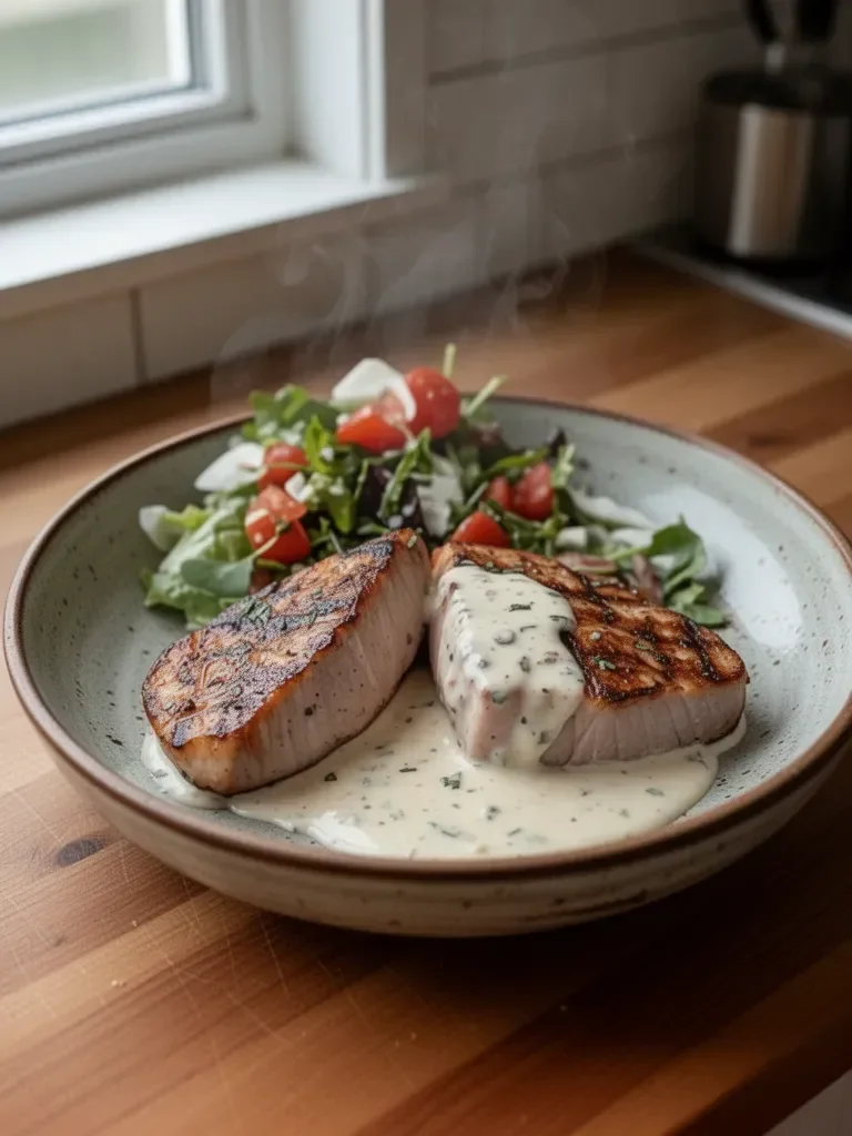 Tuna Steaks with Creamy Garlic Sauce & Salad