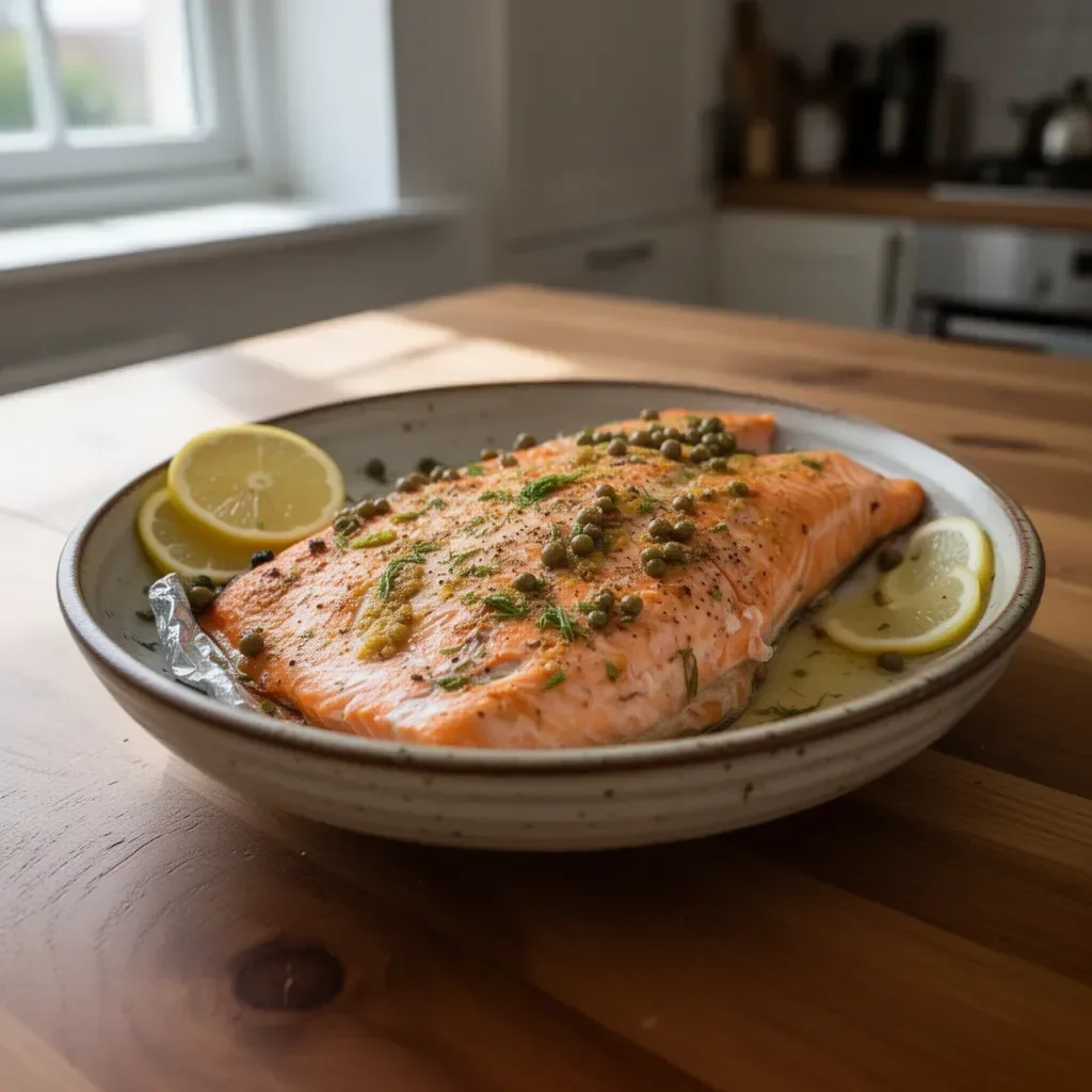 Whole baked salmon fillet fresh out of the oven on a serving platter
