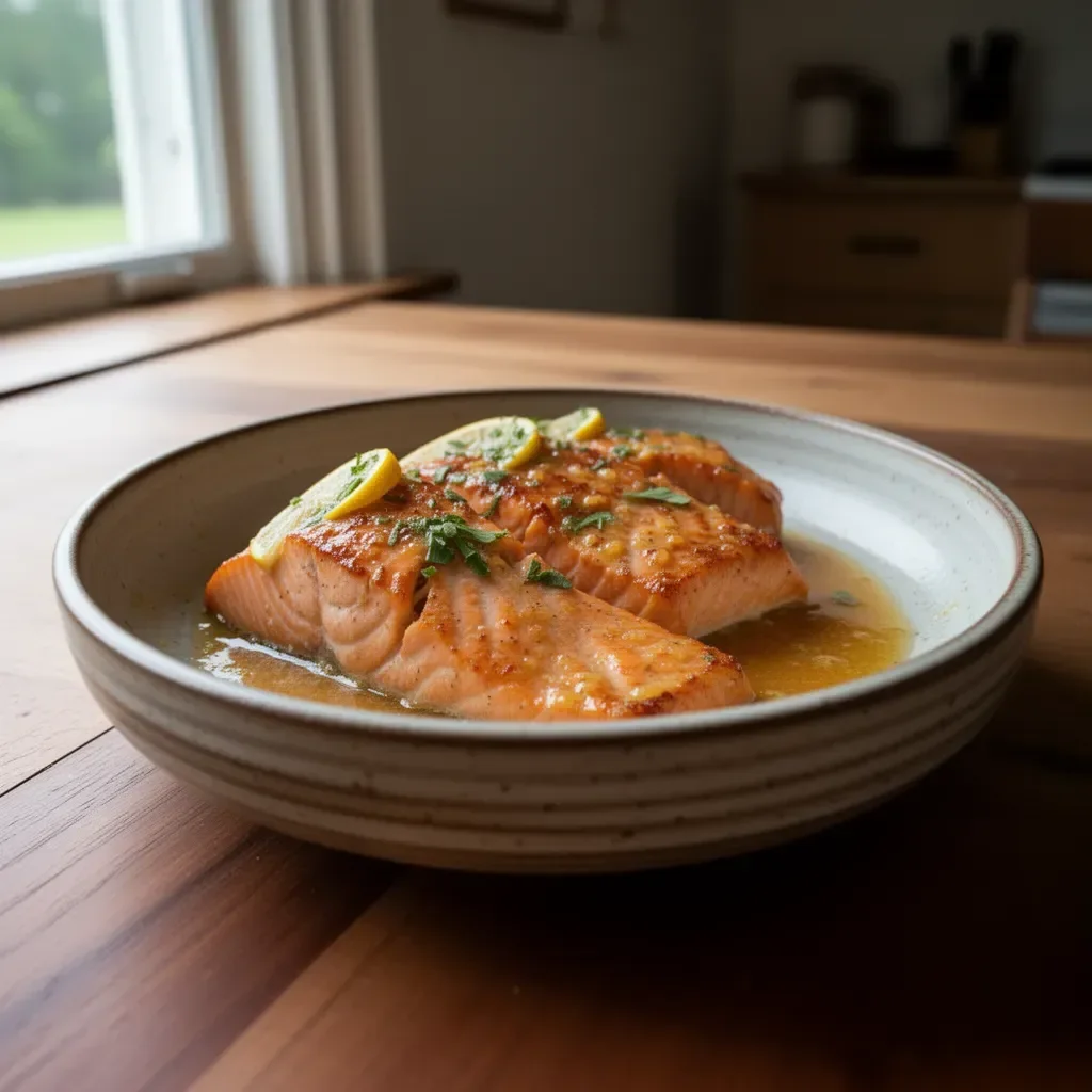 20 minute pan seared salmon with citrus butter glaze on a plate