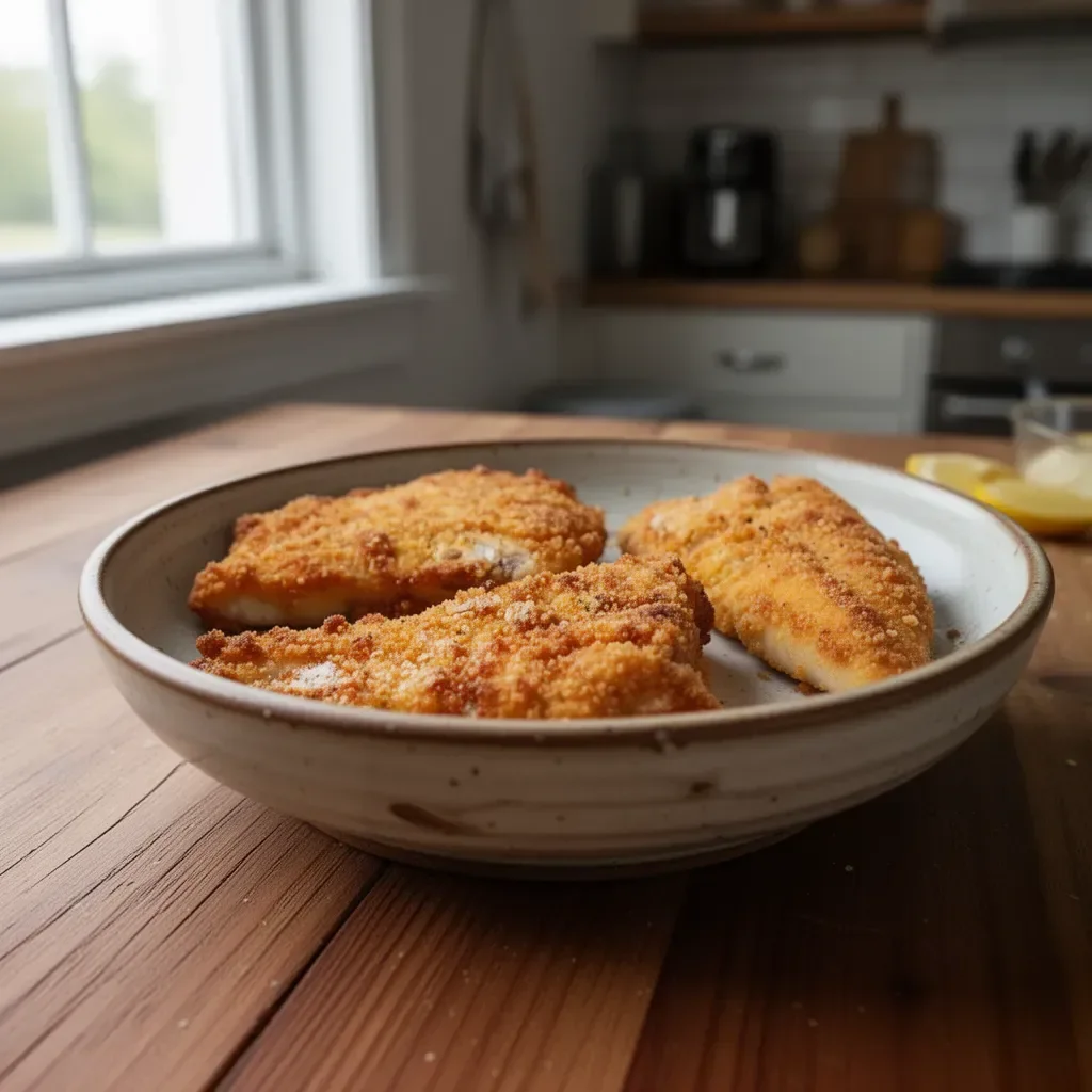 Golden air fryer crispy fish served with lemon wedges and herbs