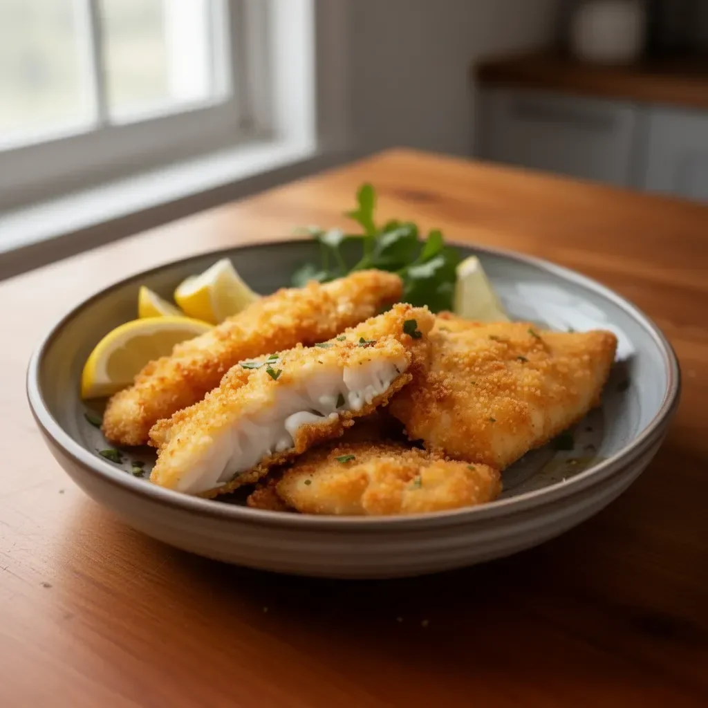 Crispy air fryer fish served with lemon and herbs on a plate