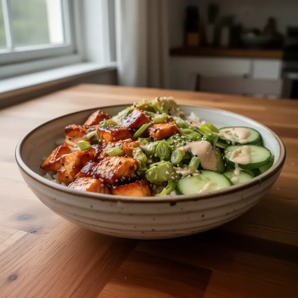 Delicious air fryer sticky salmon bowls with colorful vegetables