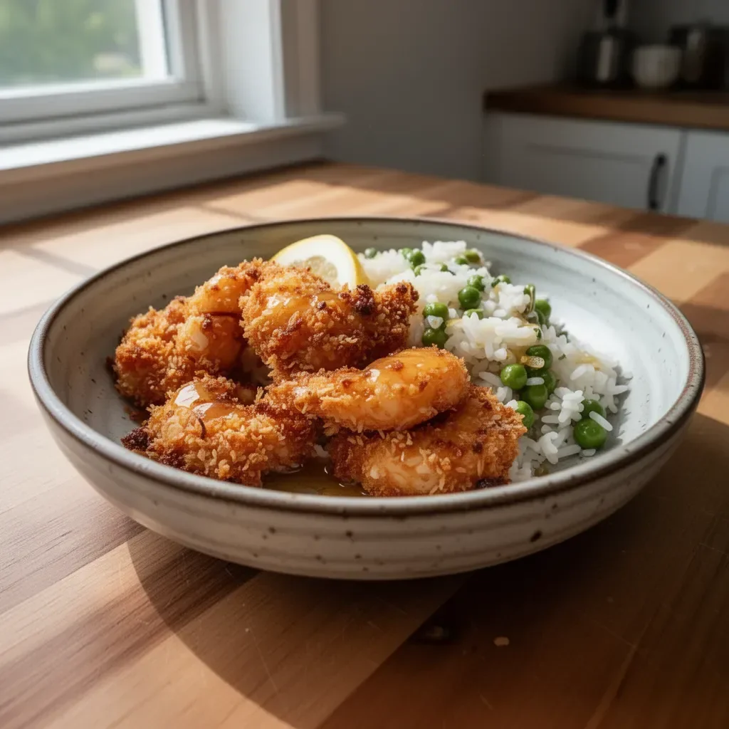 Baked coconut shrimp served with springy rice and honey butter sauce on a plate.