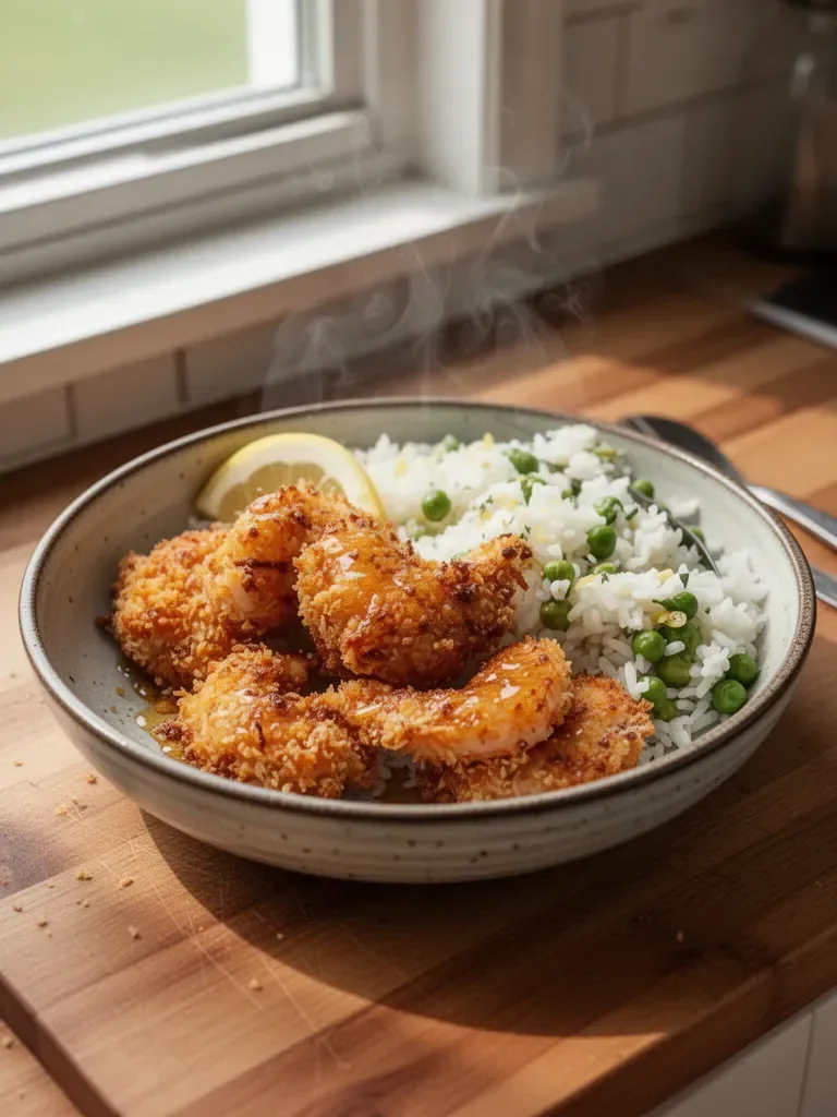 Baked Coconut Shrimp with Springy Rice and Honey Butter Sauce
