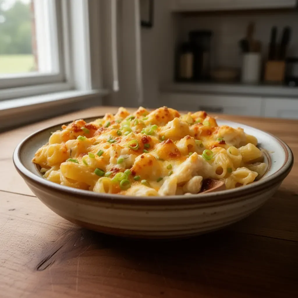 Delicious baked crab pasta served with cheese and herbs
