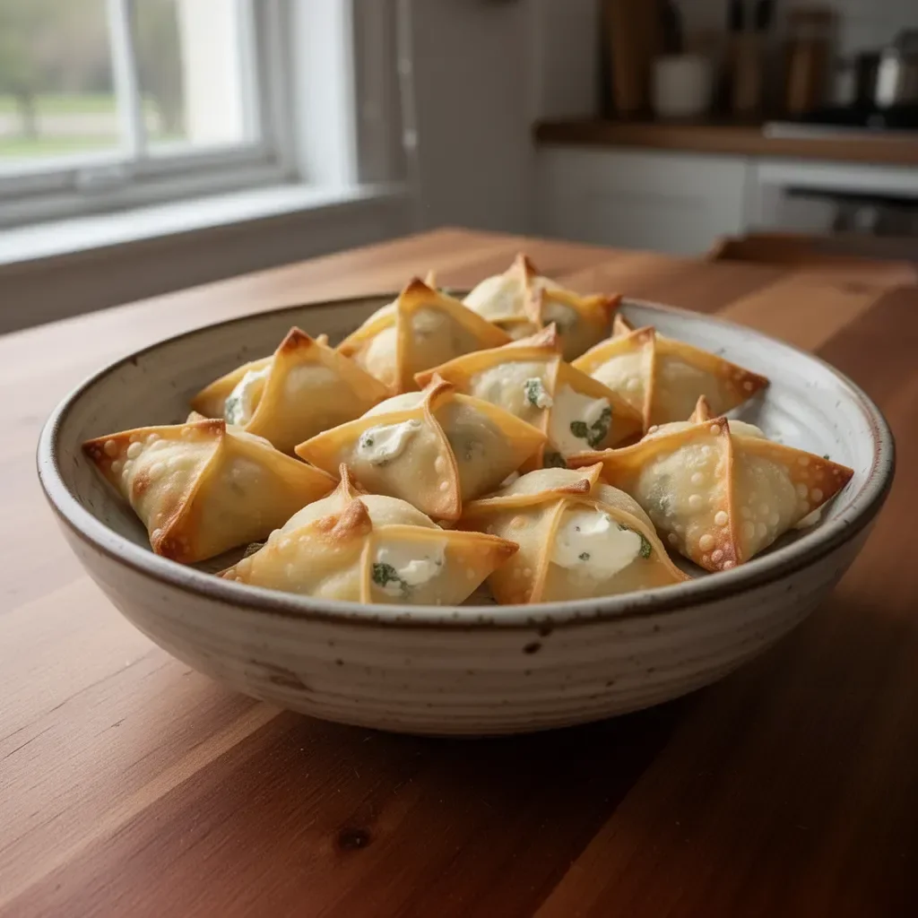 Baked cream cheese wontons on a plate with dipping sauce