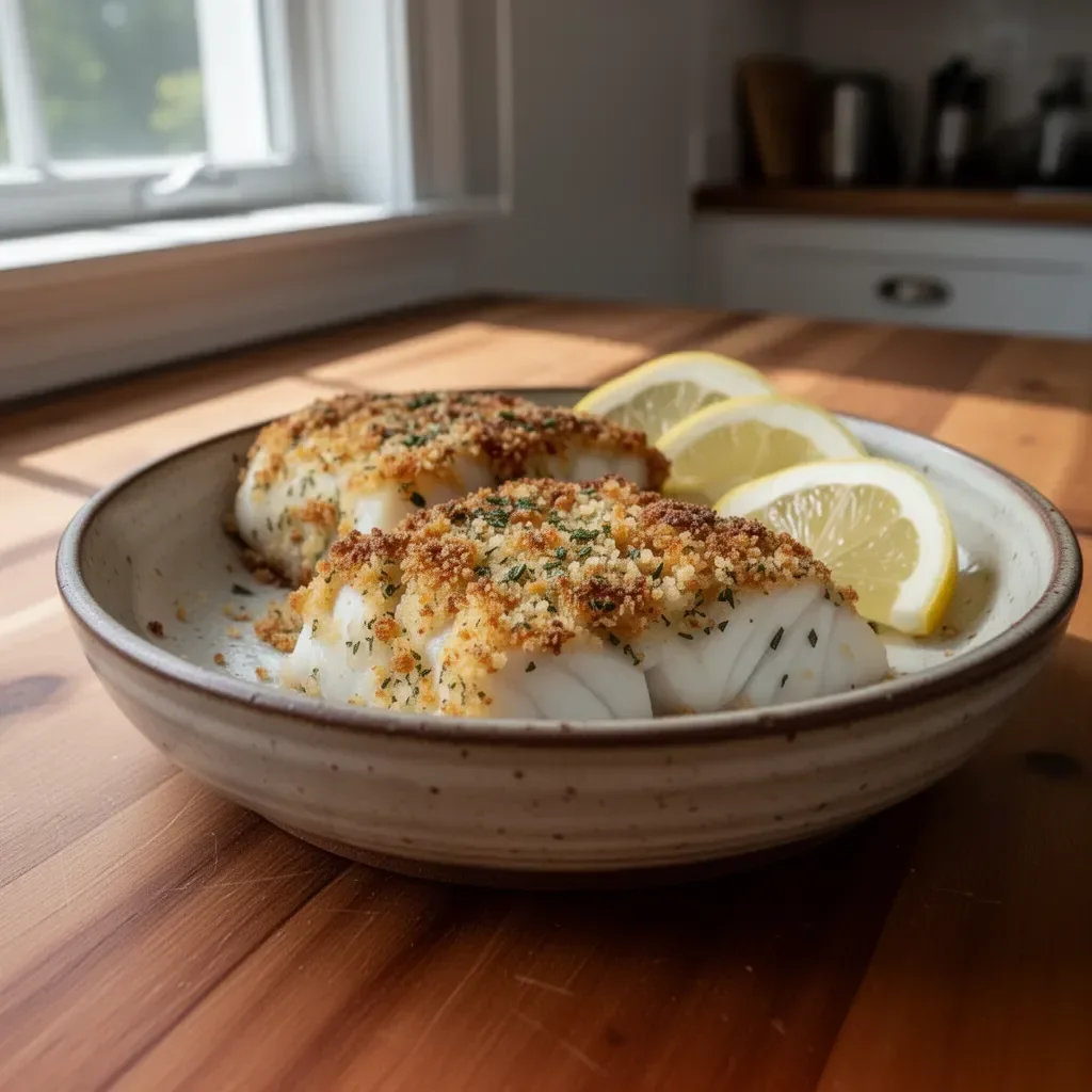 Baked halibut topped with a crunchy panko herb crust on a plate