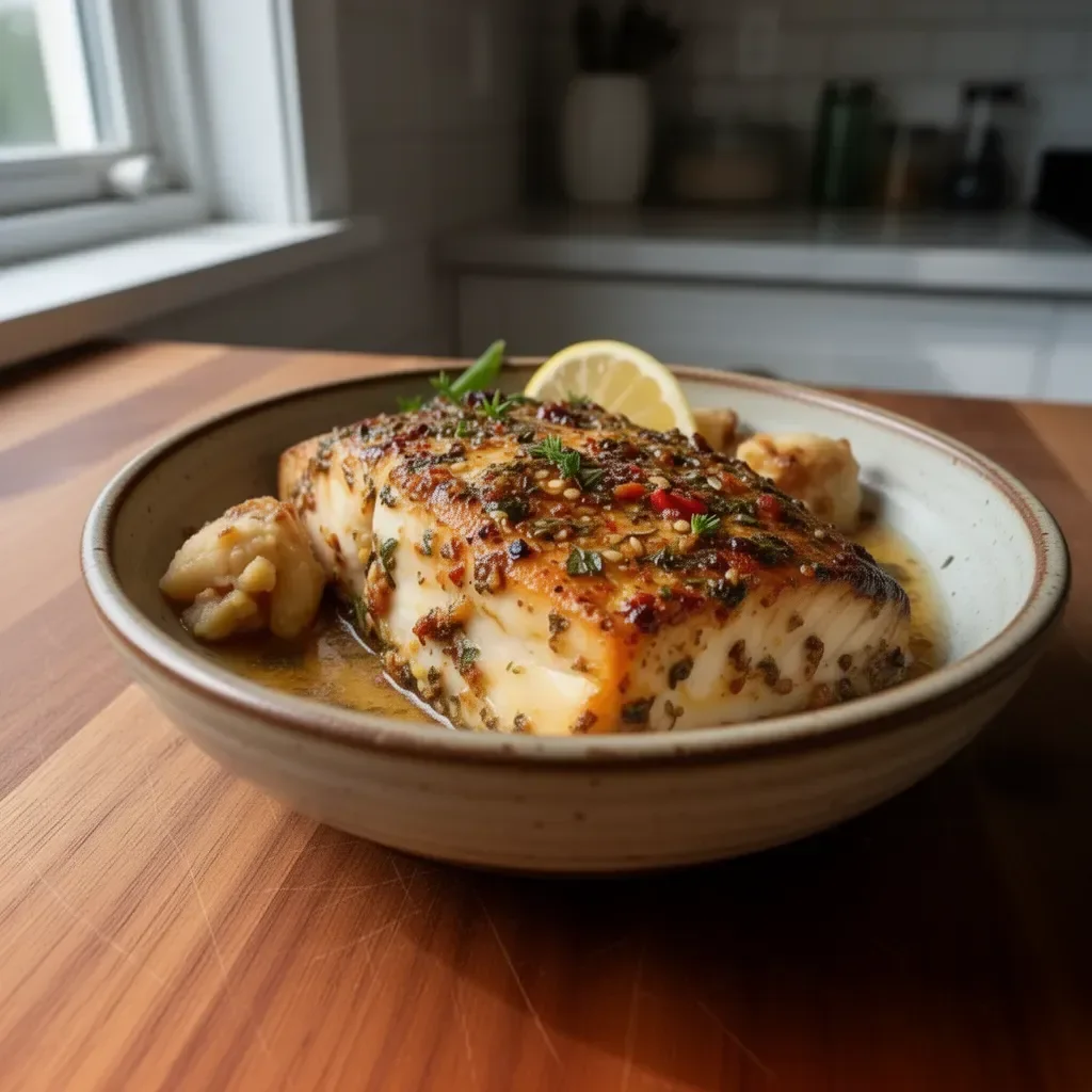 Delicious Baked Mahi Mahi with herbs and lemon served on a plate