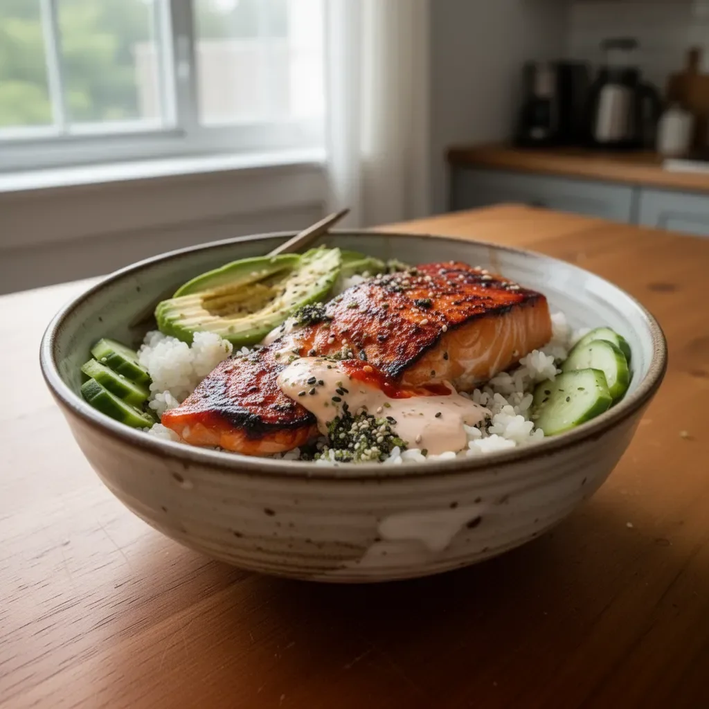 Delicious baked salmon sushi bowl topped with fresh vegetables and rice